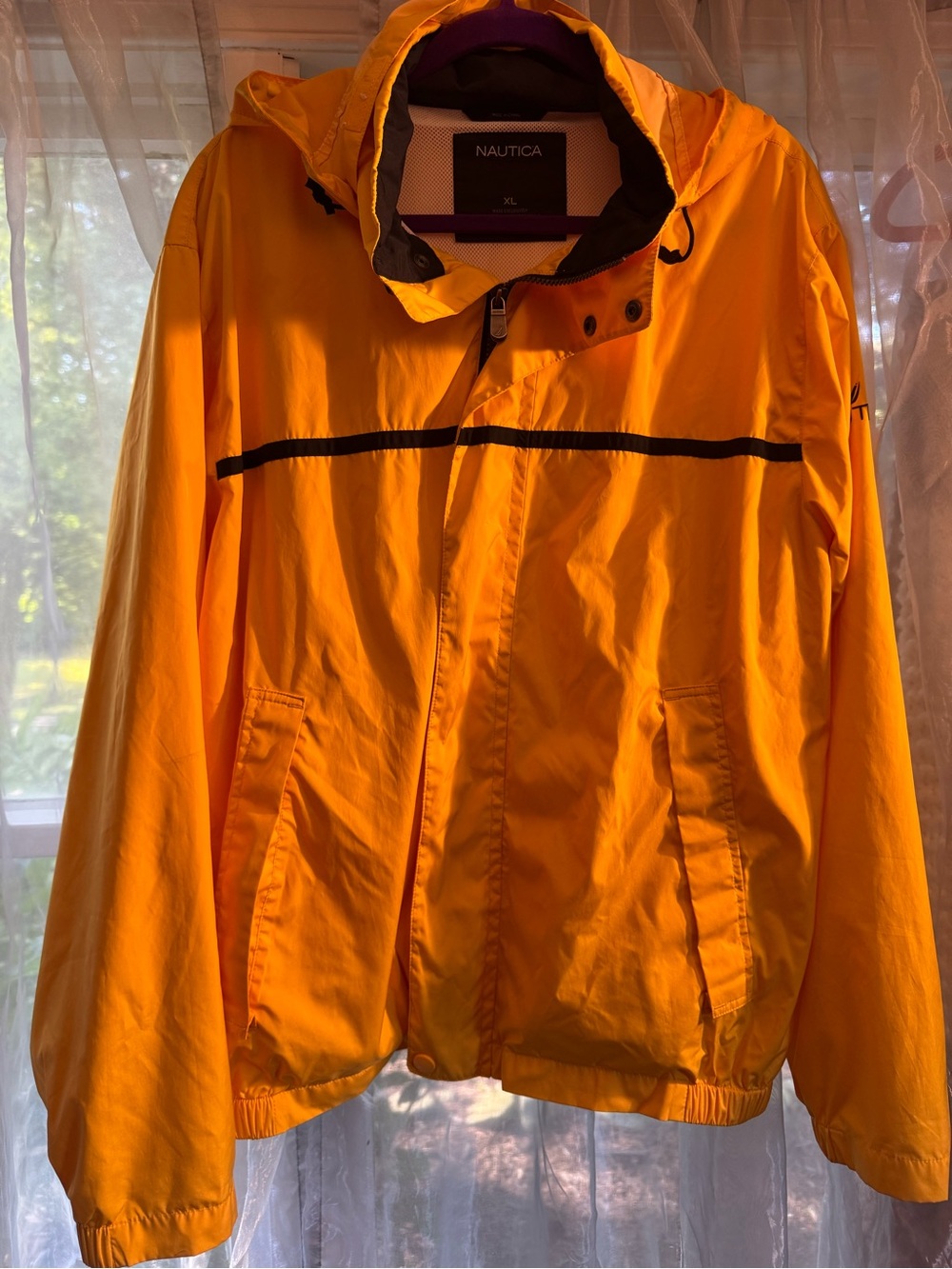 Vintage Nautica Men’s Yellow Nylon Windbreaker Rain Jacket With Hood